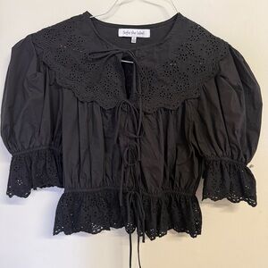 Sofie the Label Black Eyelet Tie-Front Puff Sleeve Blouse